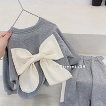 2021 autumn new clothes small children cotton T-shirt bow family compassionate girl two-piece Sports 3