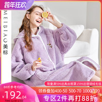 American standard new coral velvet robe womens autumn and winter long flannel pajamas cartoon hooded can wear home clothes