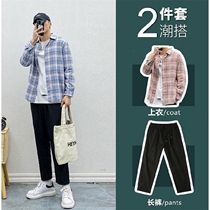 Spring and Autumn models wear Hong Kong style shirt mens coat mens suit set with Ruffian handsome quality outside clothes