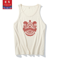 200G national tide Chinese style vest old cotton vintage printing wake lion head embryo cotton sweat vest mens and womens sleeveless