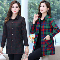 Autumn new middle-aged and elderly shirt womens long sleeve temperament cardigan top Mothers plaid shirt Womens thin coat