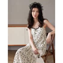 Suspender night dress female summer new sexy black small floral with chest pad summer pajamas home clothes female mid-length skirt