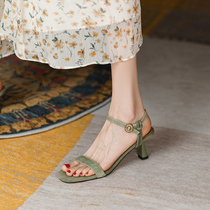 A D socialite temperament~French fairy style open-toe sandals summer one-word belt thin heel high heels thin belt womens shoes