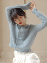 Haze blue double-breasted cardigan womens autumn and winter short style coat French retro mohair sweater coat