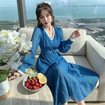  Medium-length V-neck temperament socialite blue dress 2021 spring N new waist thin temperament skirt female