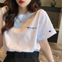 Champion block pure cotton short-sleeved t-shirt womens summer 2021 new Korean loose white bottoming half-sleeved ins tide