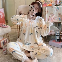 Autumn and winter flannel pajamas female cute princess style thickened coral velvet warm student casual home clothing set