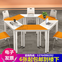 Color student discussion table hexagon training table and chair combination trapezoidal tutoring table free splicing hexagonal conference table