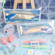 ins laser into oil blue whale pen bag pvc transparent day series flow sand stationery bag simple net red creative liquid male and female student lead pencil case large capacity cute pencil bag pen case stationery cashier bag