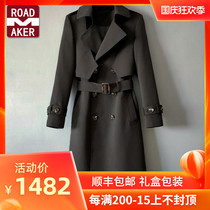 Rod Mico Spring and Autumn Mens English style card jacket double-breasted medium and long coat loose black trench coat men