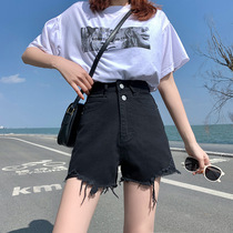 Xianwu black double button breaking hole wool side denim shorts woman 2022 Spring and summer thin section Han version of high waist new