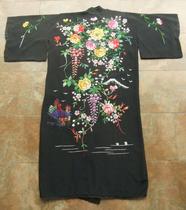 Jin fried (return) old embroidered 1920s black satin heavy industry hand embroidered peony wisteria flower kimono short sleeve