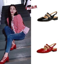 Small crowdCarel Mary Jane Little Red Shoe with three buttoned retro ancient single shoes Baotou sandals Jiang alienated with the same female