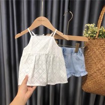 Girls summer suit 2021 new foreign style fashion female baby summer hollow suspender denim shorts two-piece set