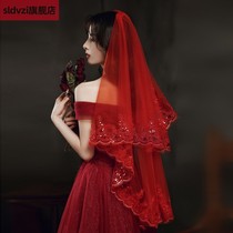 Red veil bridal main wedding dress long style Xiuhe clothing red hijab wedding short lace Chinese retro style mesh