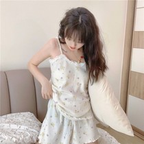 Summer home clothing tea girl waffle cute little floral lace lace suspenders shorts pajamas set tide