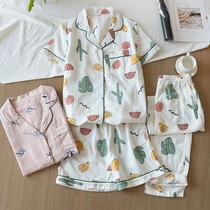 Japanese three-piece pajamas short sleeve cotton gauze spring summer cotton Womens thin shorts trousers home wear suit