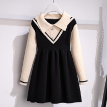 Girls autumn and winter new sweater skirt 2022 new childrens foreign style college style knitted color-block princess dress tide