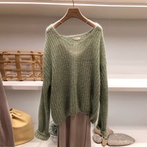  Green mohair V-neck thin sweater female 2021 Dongdaemun autumn and winter new loose Korean sweater top