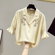 Tide brand shirt womens 2021 summer new Korean version temperament color embroidered floral chiffon shirt design niche v-neck top