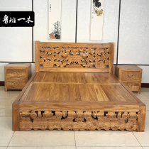 New Chinese Soliwood Marriage Bed Old Elm Double Bed Chinese Bedroom Carved Lotus Flower Plank Bed Tencope