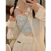 2021 new summer sweet and cute Japanese slim slim short umbilical blue lace camisole female tide