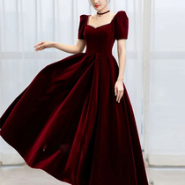Velvet toast with big code Fat mm Wine Red Wedding Evening Dress Long for the Fugitive Princess Bride back to the door for summer