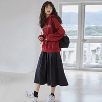 Two-piece skirt new autumn and winter Korean version of female tide ins loose wine red hooded sweater skirt suit women
