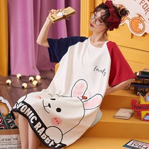 Night dress female summer long over-the-knee pure cotton princess style short-sleeved pajamas large size student cute loose girl one-piece skirt