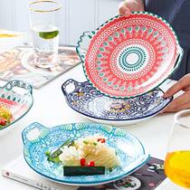 Ceramic plate Bohemian style hand-painted underglaze color 11-inch binaural egg-shaped disc vegetable plate baking plate household tableware