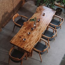 Solid Wood Retro Natural Side Log Kung Fu Tea Table Chairs Table Meeting Table Owner Office Large Board Strip Table Composition