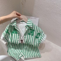 Selected childrens small crowdwave brand fresh striped shirt open-shirt boomer shorts suit BK019