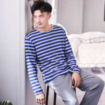 Blue jealous striped single piece T-shirt men spring and autumn winter long sleeves youth cotton pajamas pull-over round neck plus size home jacket