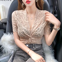 Lace top womens 2021 summer new Western style slim V-neck small shirt waist openwork short-sleeved base shirt ins