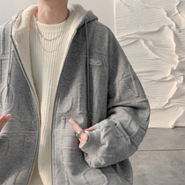 Chao brand lamb wool cotton-padded jacket men's winter plus velvet padded cotton-padded jacket Hong Kong style ruffian handsome loose Joker hooded cotton-padded jacket
