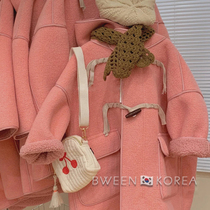 Girls wool coat 21 new winter Korean horn buckle plus velvet padded warm red children's annual coat