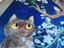 Three-pack noodle snack shop four monsoon works fine pen cute cat original silk hanging painting Chinese national tide home decoration painting