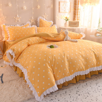 Net red sanding lace non-slip bed skirt four-piece set simple modern plaid love quilt cover naked sleep four seasons general style
