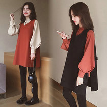 Pregnant women autumn set 2021 New Fashion Net red coat vest two-piece tide mother Spring and Autumn dress