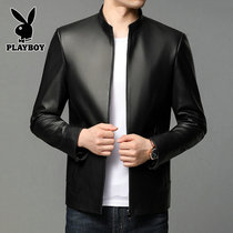 Playboy leather mens leather jacket coat solid color stand collar spring and autumn mens casual middle-aged sheep skin tide