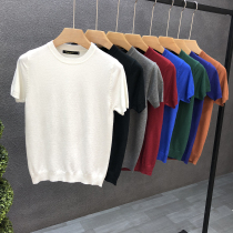 Tide brand solid color knitted short sleeve T-shirt mens sweater trend handsome inside base shirt mens half sleeve knit tide tide