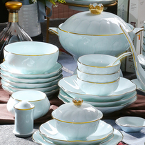 Jingdezhen celadon tableware set anti-hot thick dishes creative new Chinese dishes set household dishes set