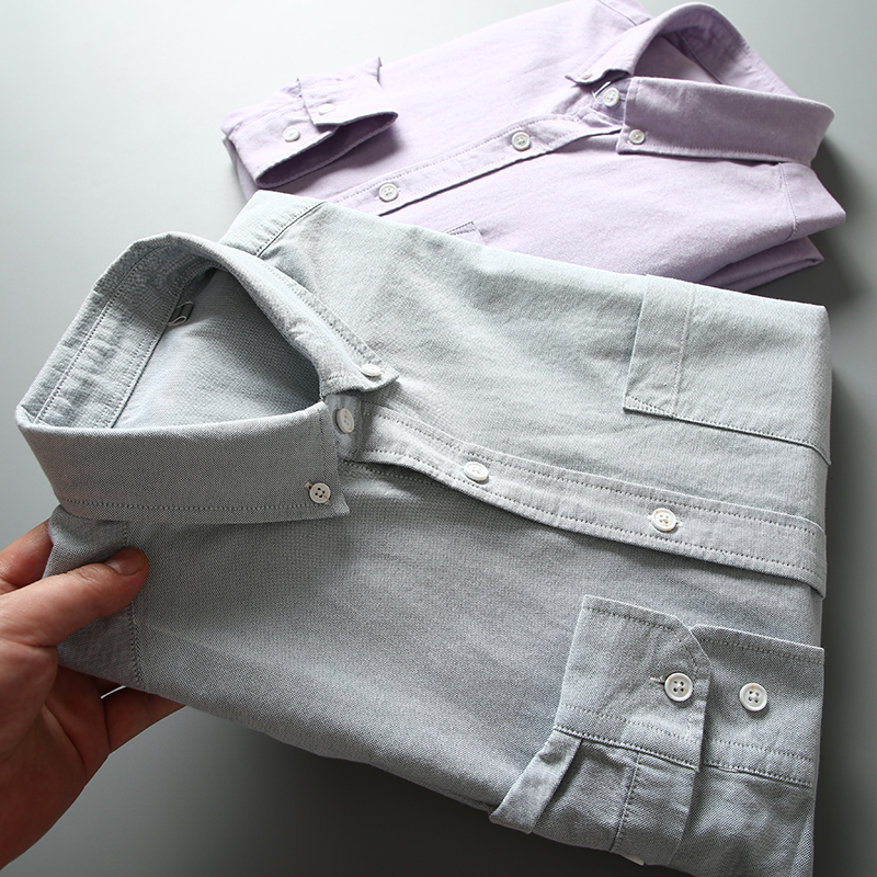 All cotton Oxford spun shirt, men's long sleeved solid color business casual shirt, pocket bottomed shirt, inch size shirt, dad's outfit