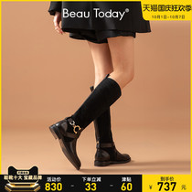 BeauToday Spring and Autumn new vintage boots female English style leather middle heel thin black boots