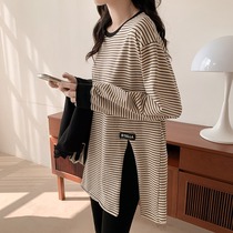 Pregnancy Woman Dress Blouse Women Loose Stripes Medium Long Spring Dress Suit Go Out Fashion New Inner Hitch Spring and Autumn T-shirt