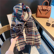 Korean boutique women cashmere scarf shawl dual-use winter new warm plaid double-sided long bib autumn and winter