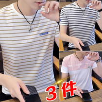 T-shirt mens short-sleeved slim stripe trend pure cotton top clothing 2021 summer half-sleeve youth sea soul shirt body bag