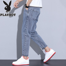 Playboy plus velvet jeans 2021 new mens nine foot pants trend Spring and Autumn Winter casual trousers