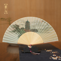 Jishan fan 6 inch silk female folding fan hand-painted female fan going abroad gift fan Hangzhou silk fan silk fan bamboo fan