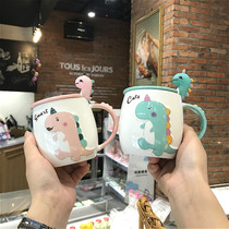 Creative childrens mug with lid spoon Cute little dinosaur ceramic drinking cup Household cartoon breakfast milk cup